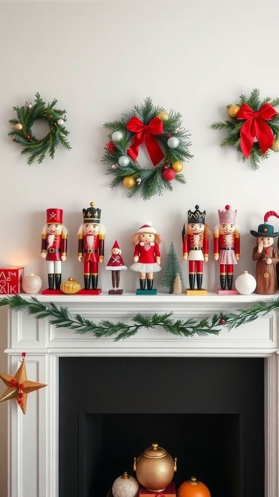 A beautifully decorated fireplace mantel featuring nutcracker figures, wreaths, and festive ornaments.