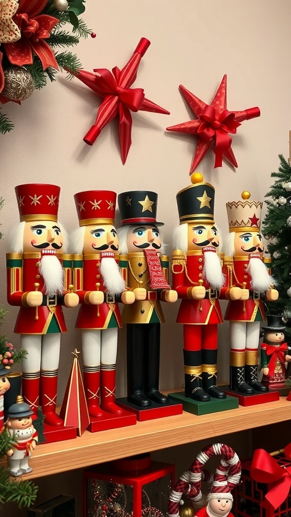Colorful nutcracker figurines displayed on a shelf with holiday decorations.