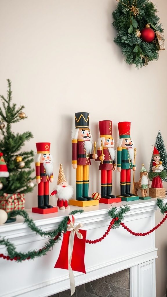 A festive display of nutcracker figurines and holiday decorations on a mantel.