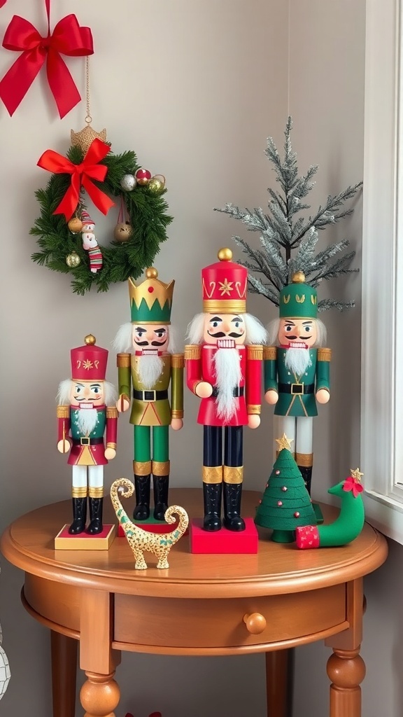 A collection of colorful nutcracker figurines and holiday decorations on a table.