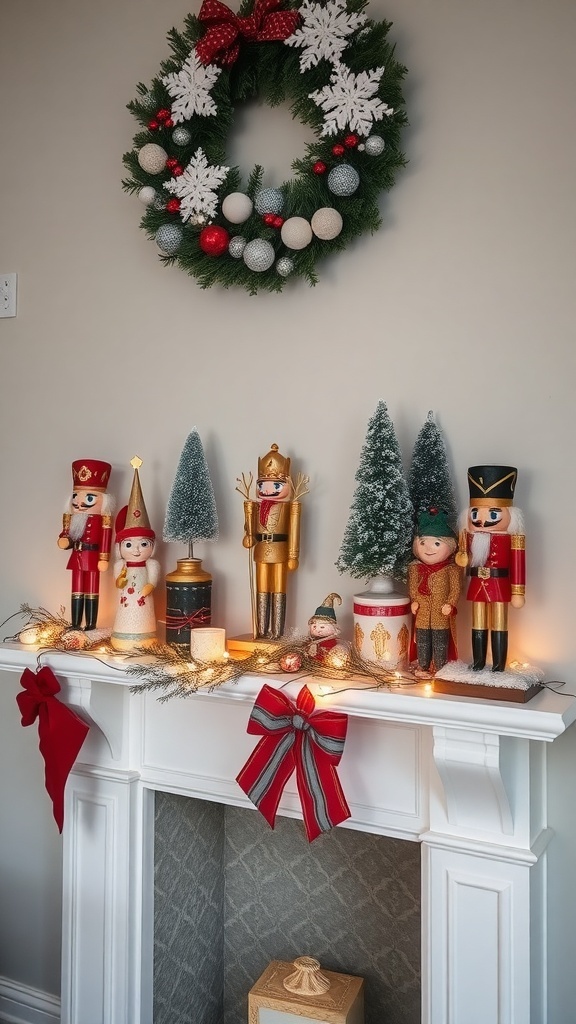 A festive mantle decorated with nutcracker figurines and holiday decor.