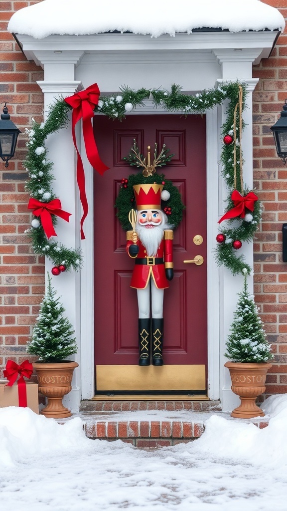 A festive front door decorated with a nutcracker figure, wreath, and Christmas ornaments.