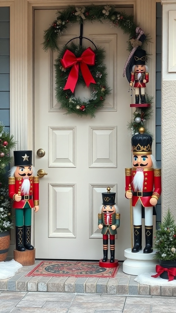 A festive door decorated with nutcracker and toy soldier figures, a wreath, and a red bow.