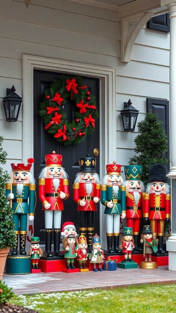 A festive front porch featuring a nutcracker display with colorful figures and a wreath on the door.