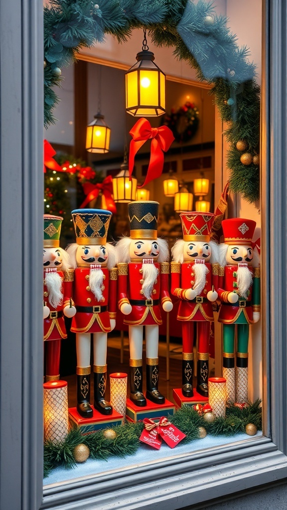 A display of colorful nutcracker figures in a festive window setting.