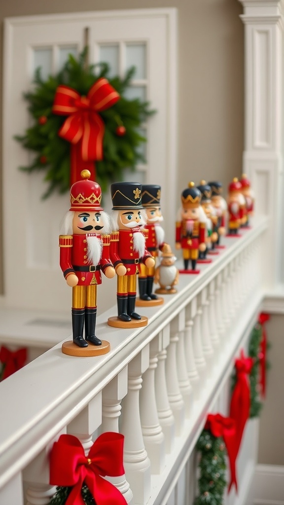 Nutcracker figures lined up on a banister decorated for Christmas