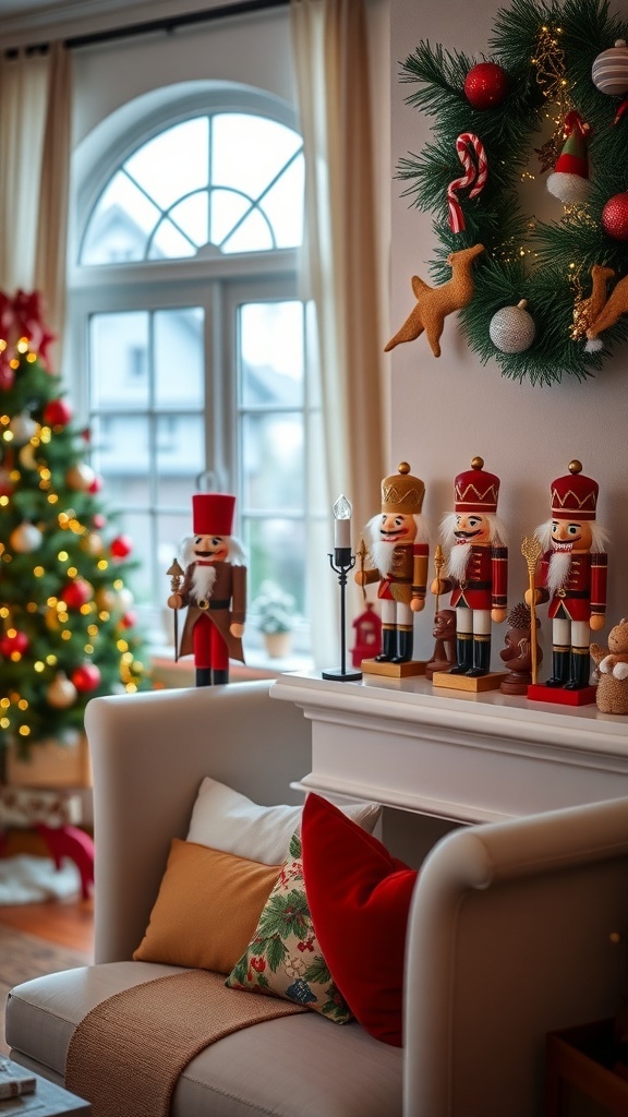 A cozy living room decorated for Christmas with nutcracker figurines, a Christmas tree, and festive pillows.