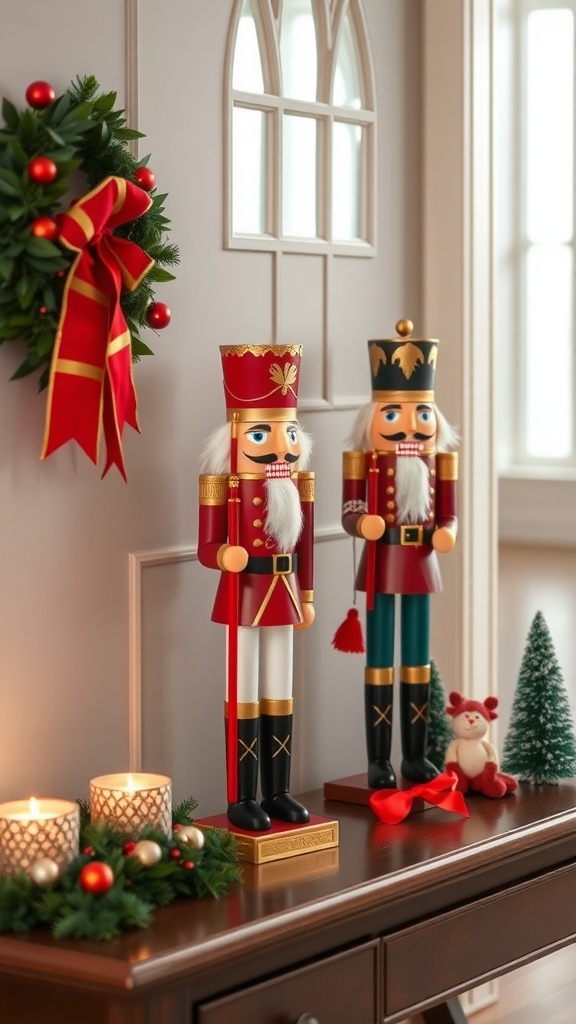 Decorated entryway table featuring nutcracker figurines, candles, and greenery.