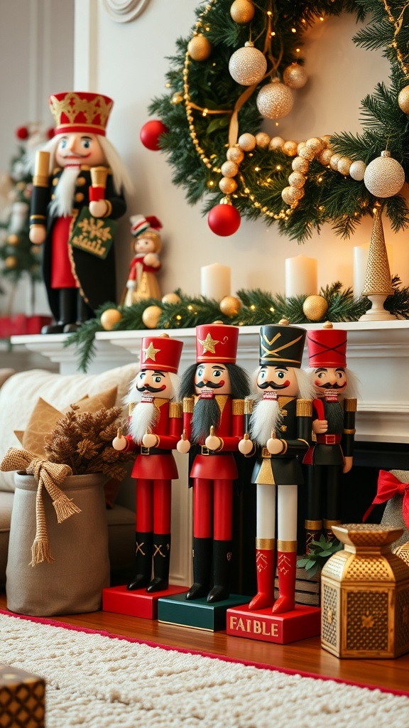 A display of colorful nutcracker figurines on a mantel, surrounded by Christmas decorations.