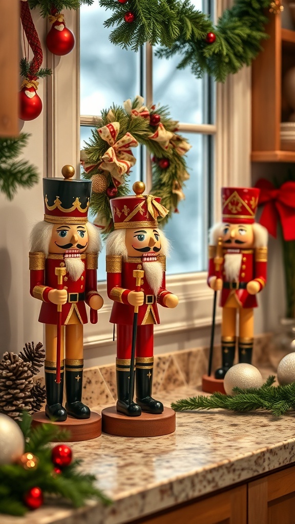 Three colorful nutcracker figurines on a kitchen countertop decorated for Christmas.
