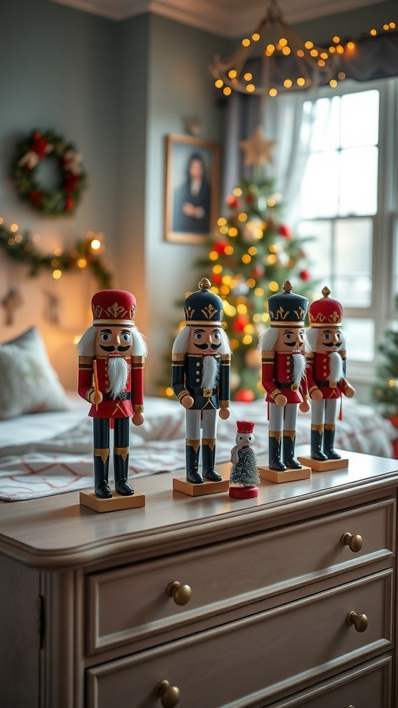 A collection of nutcracker figurines on a dresser in a decorated bedroom for Christmas.