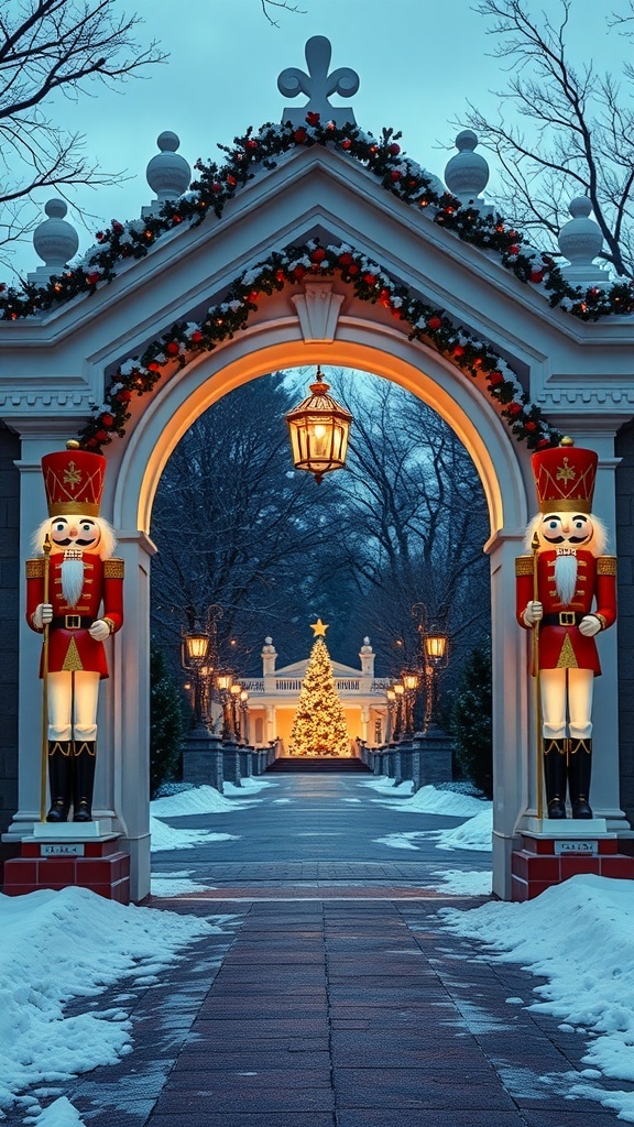 A beautifully decorated Christmas archway featuring nutcracker figures, garlands, and a glowing tree in the background.