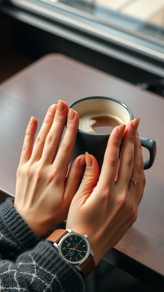 Close-up of hands with nutmeg brown fingernail polish holding a coffee cup.