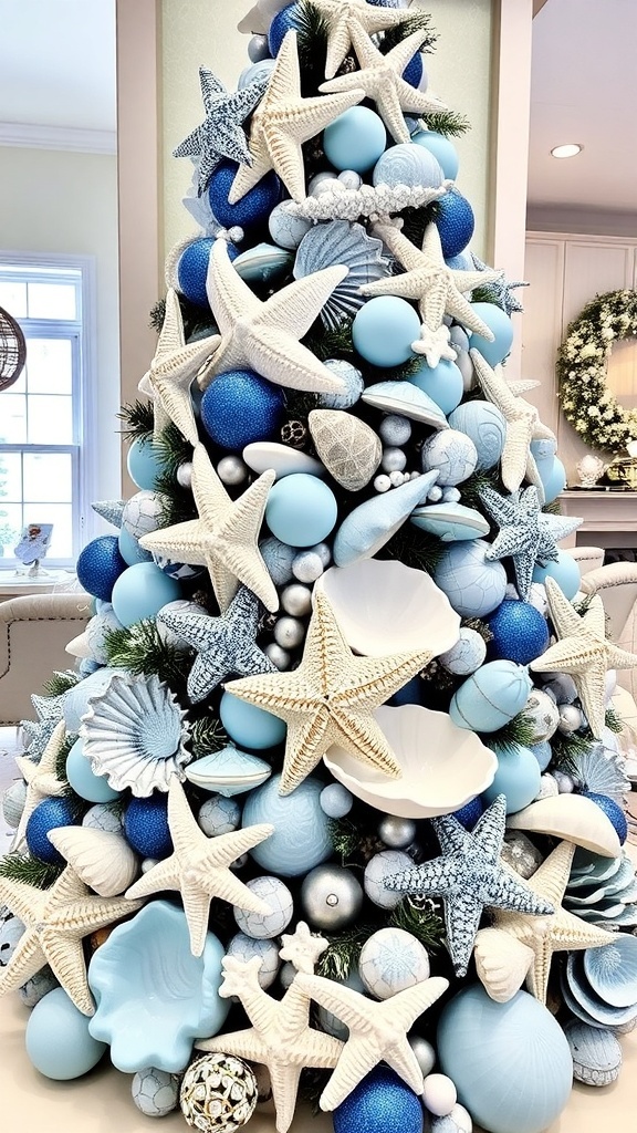 A beautifully decorated Christmas tree with blue and ocean-themed ornaments, featuring seashells and starfish.