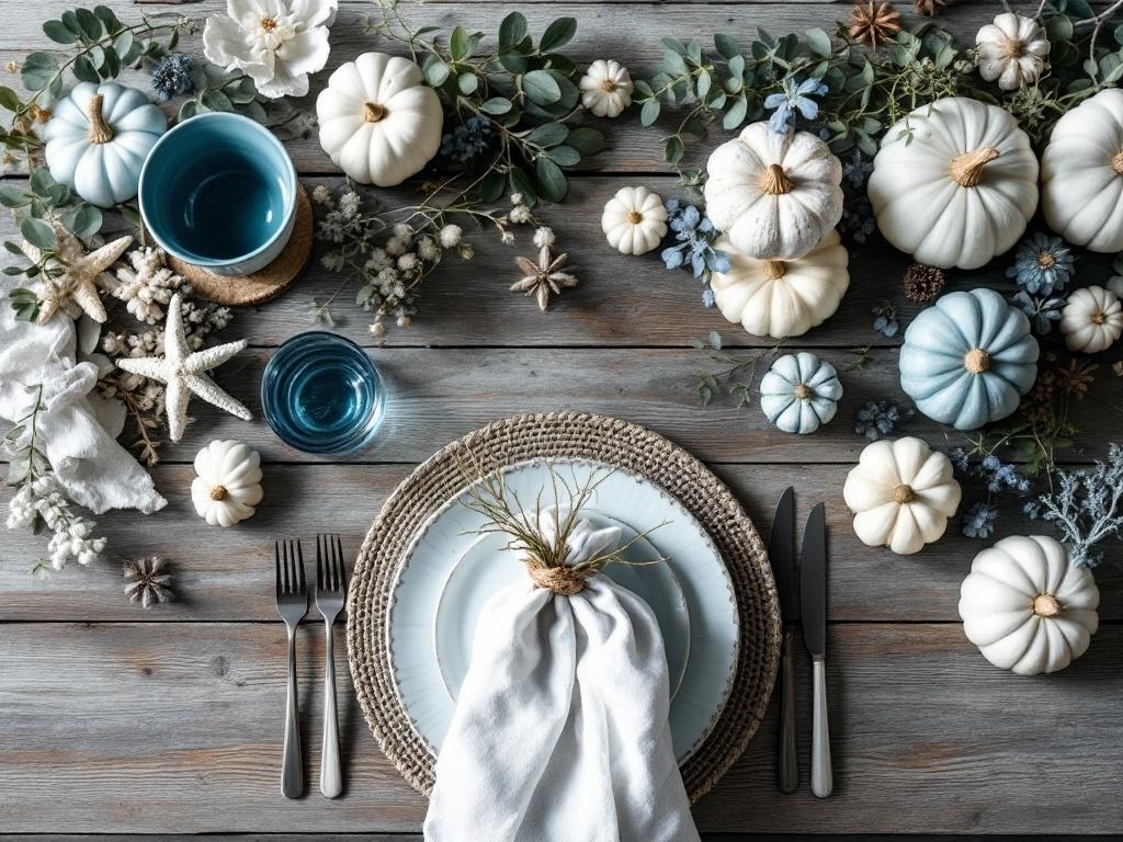 Ocean-inspired Thanksgiving table decor with blue and white pumpkins, greenery, starfish, and blue glassware.