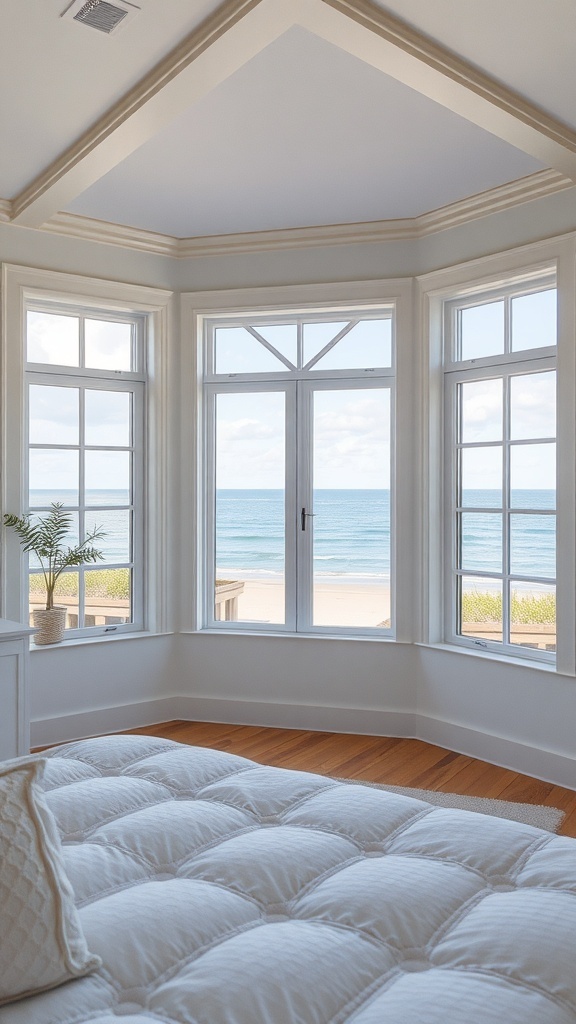 A coastal bedroom with large bay windows showcasing an ocean view.