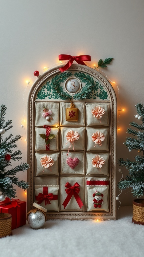 A vintage-style advent calendar with fabric pockets, decorated with flowers and ribbons, surrounded by Christmas trees and ornaments.