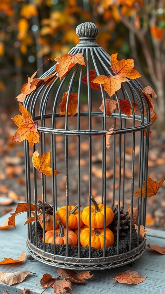 A vintage birdcage decorated with orange leaves and small pumpkins inside.