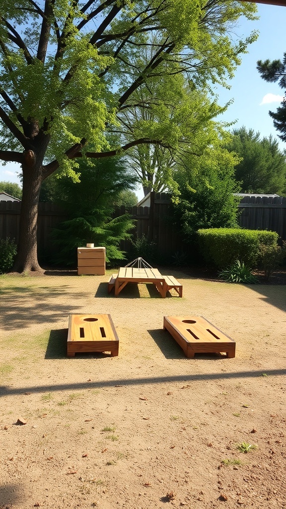 Outdoor picnic area with cornhole boards and a wooden table under trees