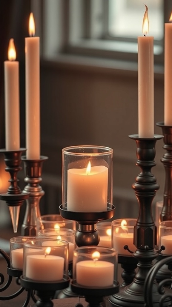 A collection of vintage-style candle holders with lit candles, creating a warm and inviting atmosphere.