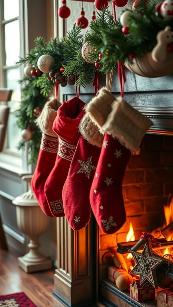 Four red Christmas stockings hanging by a fireplace decorated with greenery and ornaments.