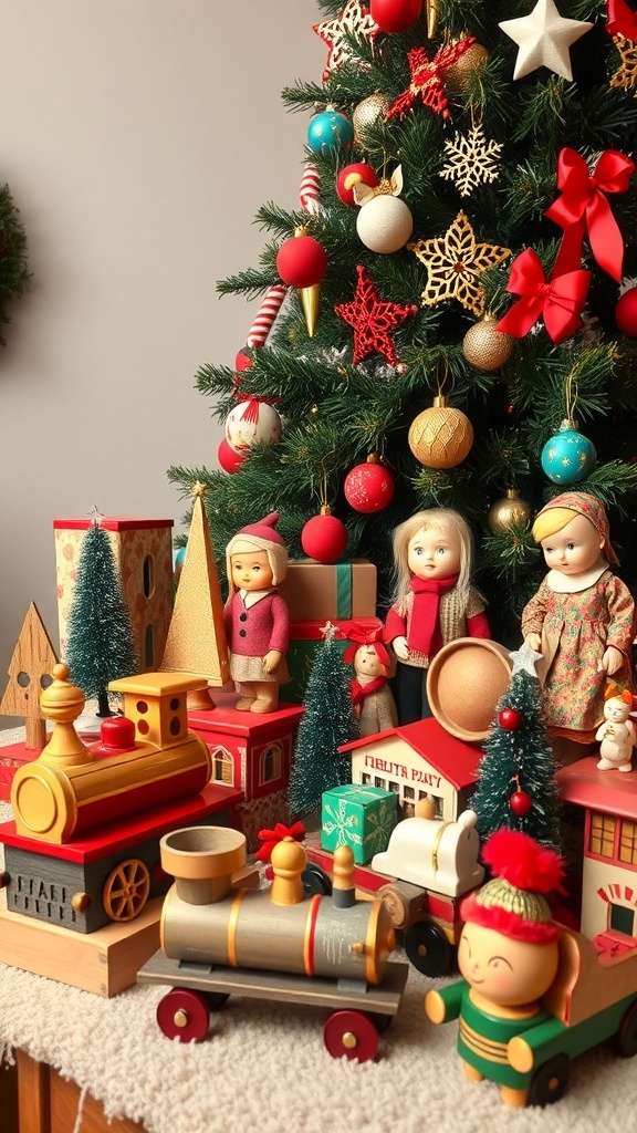 A collection of vintage Christmas toys, including wooden trains and dolls, surrounded by a decorated Christmas tree.