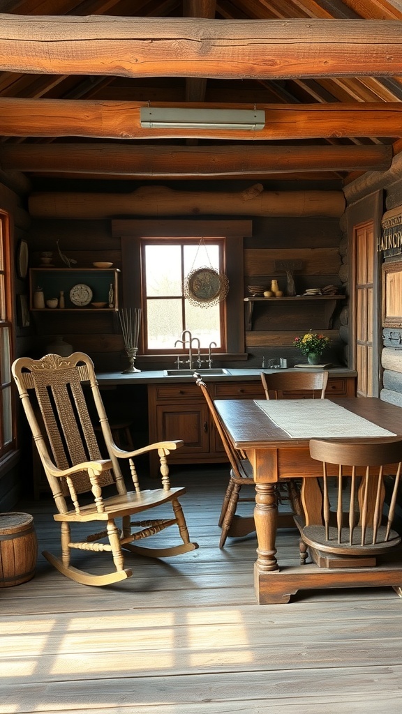 A vintage cabin interior featuring wooden furniture, including a rocking chair and a dining table.