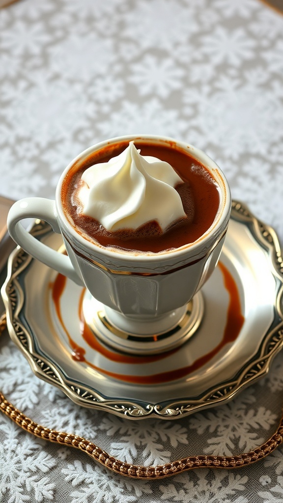 A vintage cup of hot chocolate with whipped cream on a decorative plate.