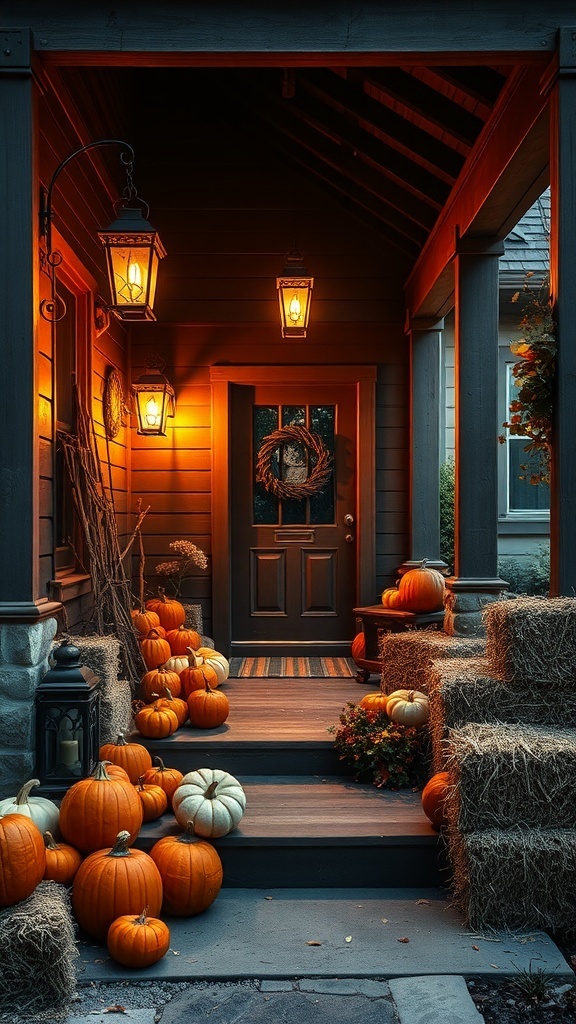 A cozy porch decorated with old-fashioned lanterns, pumpkins, and hay bales for fall.