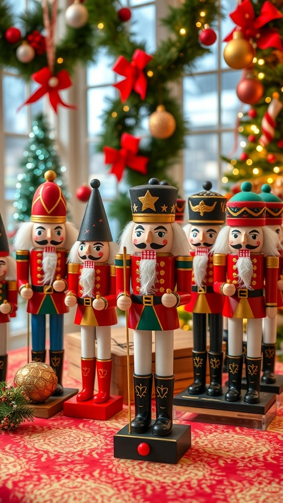 A collection of colorful nutcracker figures displayed on a table, surrounded by holiday decorations.