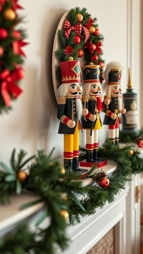 A collection of vintage nutcracker figurines displayed on a mantel with festive decorations.