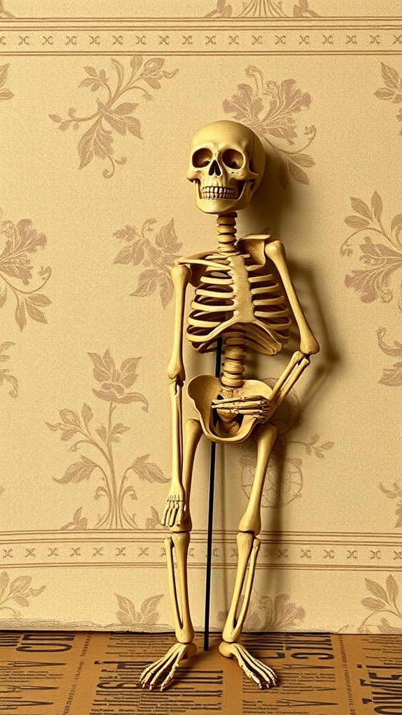 A vintage-style skeleton decoration standing against floral wallpaper.