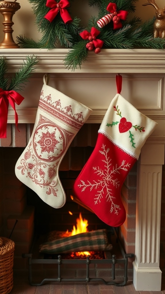 Two vintage Christmas stockings hanging by a fireplace, one with a snowflake design and the other with intricate patterns, surrounded by festive decorations.