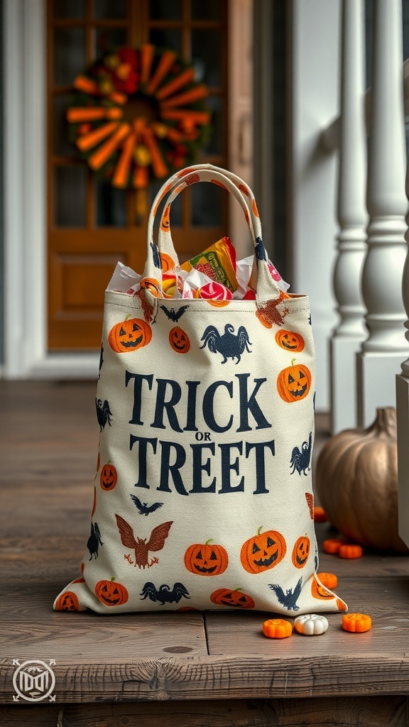 A vintage-style trick-or-treat bag with Halloween designs, filled with candy, next to a pumpkin and a festive wreath.