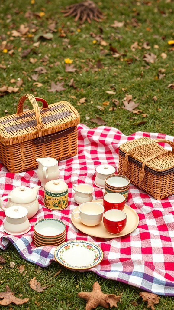A vintage picnic setup with a checkered blanket, wicker baskets, and assorted dishware on grass.