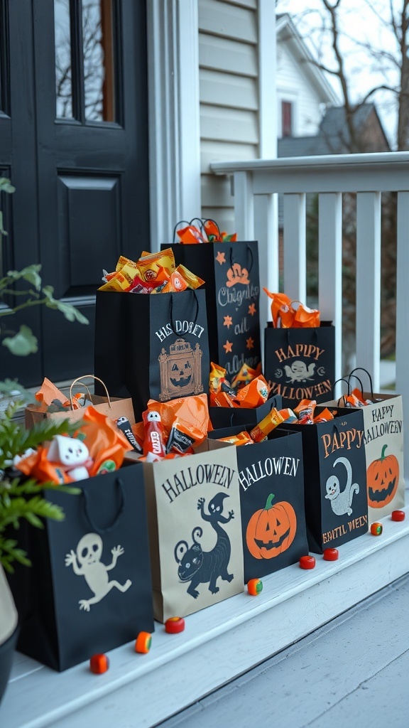 A collection of colorful Halloween trick or treat bags with candy, featuring a pumpkin design and playful text.