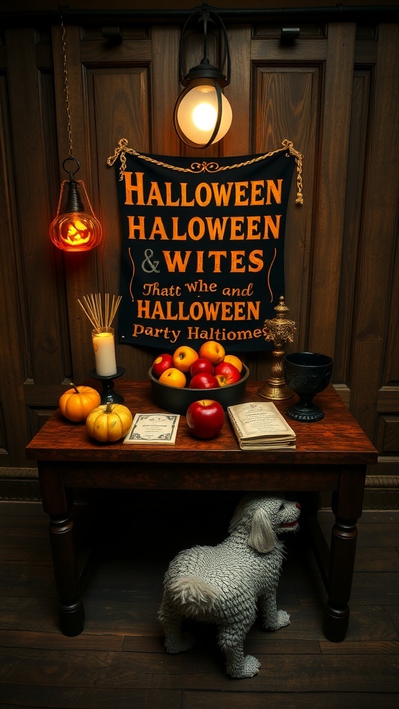 A vintage Halloween setup with pumpkins, apples, and a decorative sign, creating a nostalgic atmosphere.