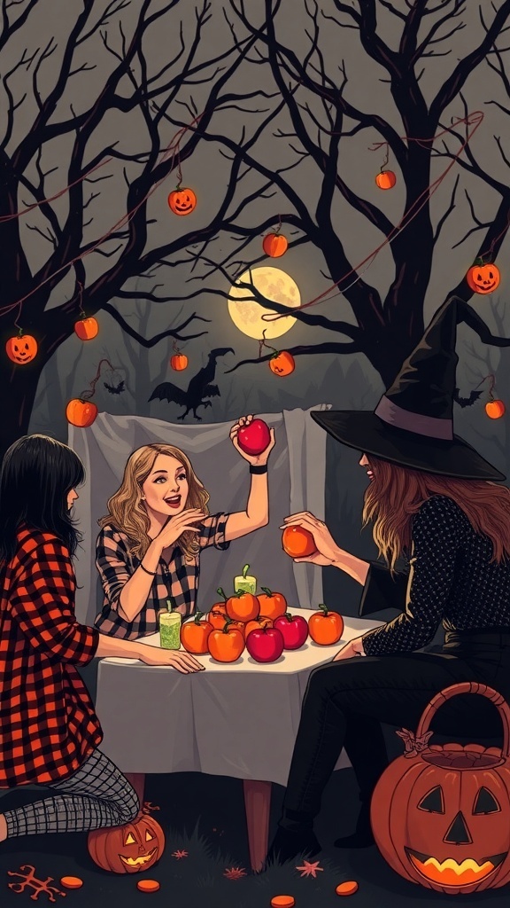 Three friends playing Halloween games with apples and pumpkins under a full moon