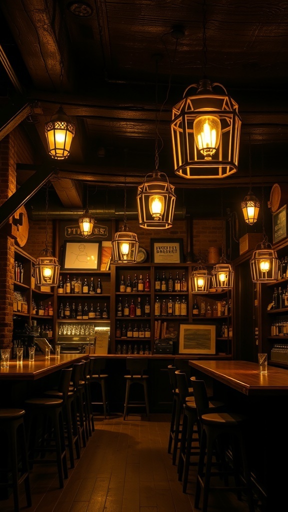 Rustic bar with warm lantern lighting and wooden decor.
