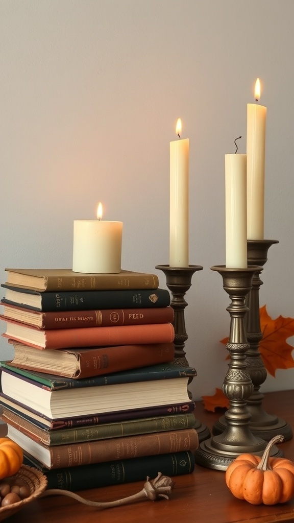 A stack of old books with candlesticks and candles, surrounded by small pumpkins and autumn leaves.