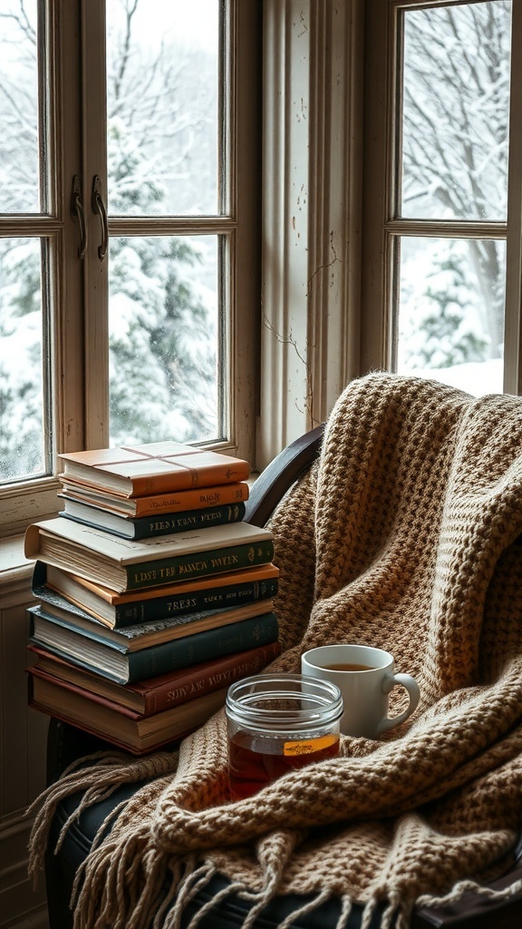 A cozy reading nook with vintage books, a cup of tea, and a warm blanket by the window with snow outside.