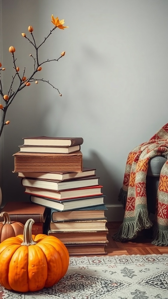 A cozy fall decor scene featuring a stack of old books, a bright orange pumpkin, and a decorative branch with orange flowers.