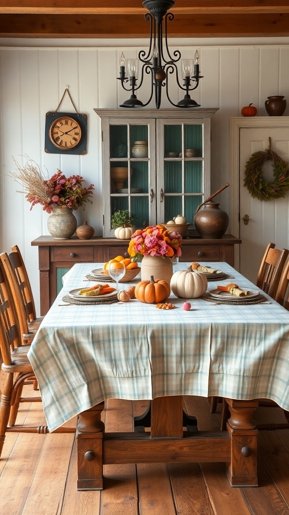 A vintage farmhouse table setting with pumpkins, flowers, and a plaid tablecloth.