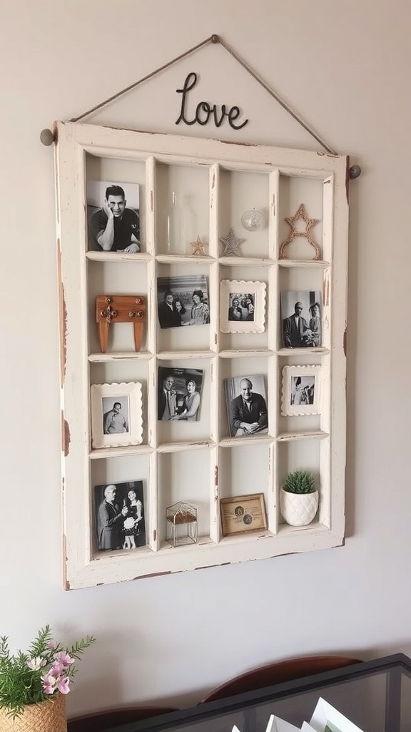 An old window frame displaying photos and text, showcasing rustic decor.
