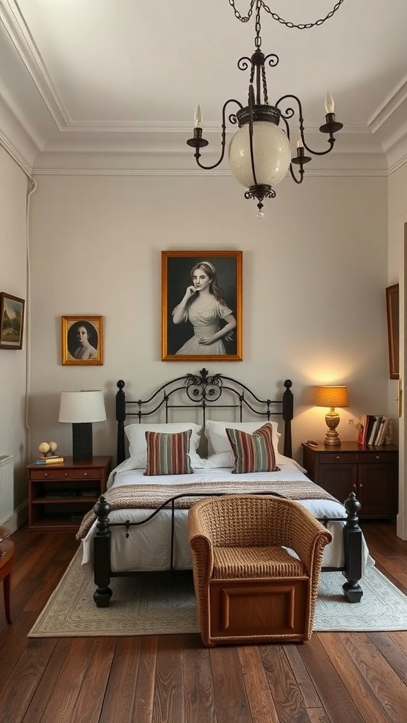 A vintage bedroom featuring a wrought iron bed, striped pillows, wooden floors, and classic artwork.