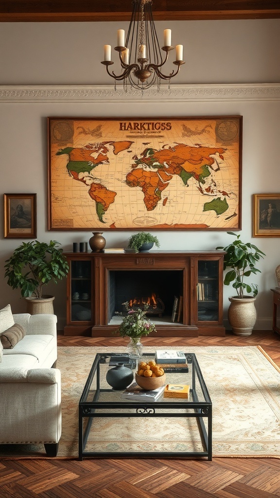 A vintage world map displayed as wall art in a cozy living room.
