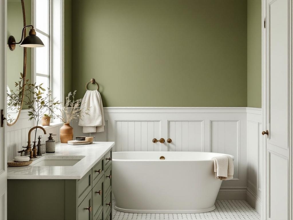 A stylish bathroom featuring an olive green accent wall, white wainscoting, and natural decor elements.