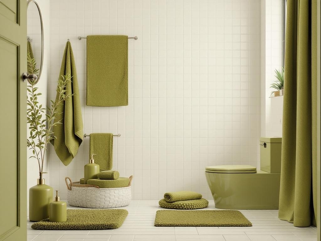 A bathroom featuring olive green towels, rugs, and decor items, creating a cohesive and calming atmosphere.