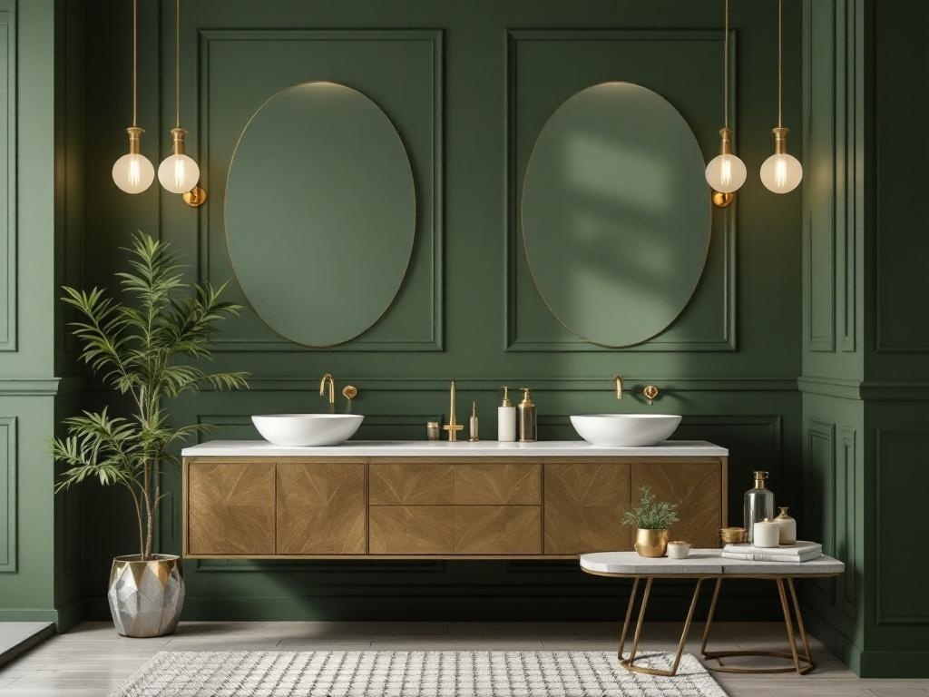 A modern bathroom featuring olive green walls, gold fixtures, and a stylish vanity.