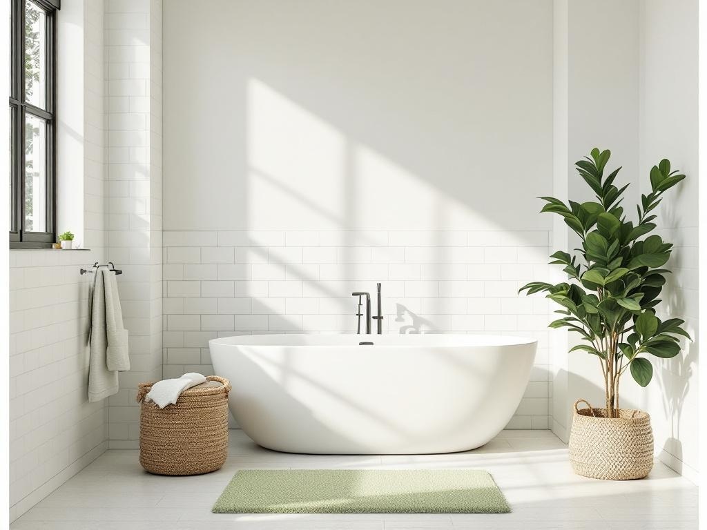 A modern bathroom featuring a white bathtub, olive green rug, and natural light.